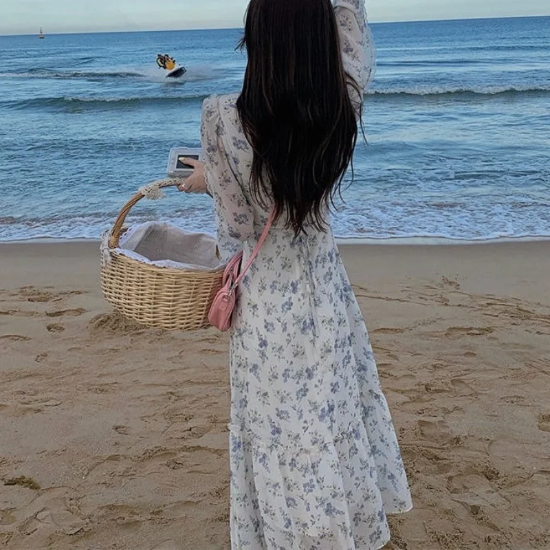 

Long Sleeve Floral Vintage Dresses Women Casual 2021 Autumn Boho Beach Dress Korean Style Sweet Y2k Midi Dress Female Lace Up