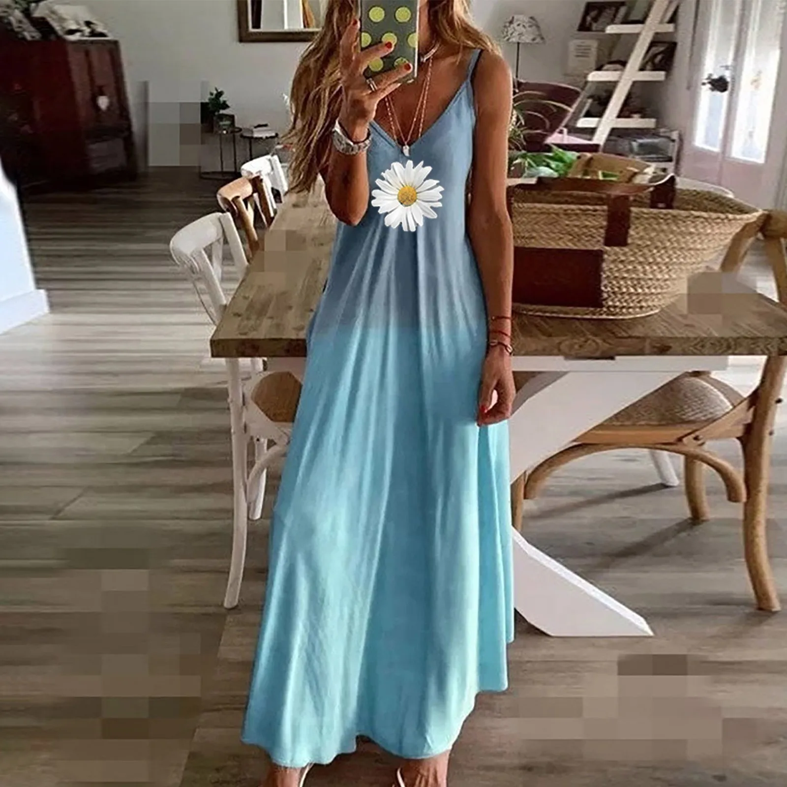 Женский Пляжный пуловер с цветочным принтом Свободное длинное платье макси в