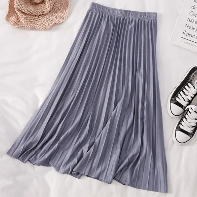 

Pu Leather Vintage Elegant Midi Skirt 2020 Spring Korean High Waist Elastic Pleated Skirt female Solid Color Half Length Skirt