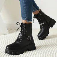female boots square heel round toe zapatos mujer invierno zip high heel ankle boots cross tied with med platform woman shoes