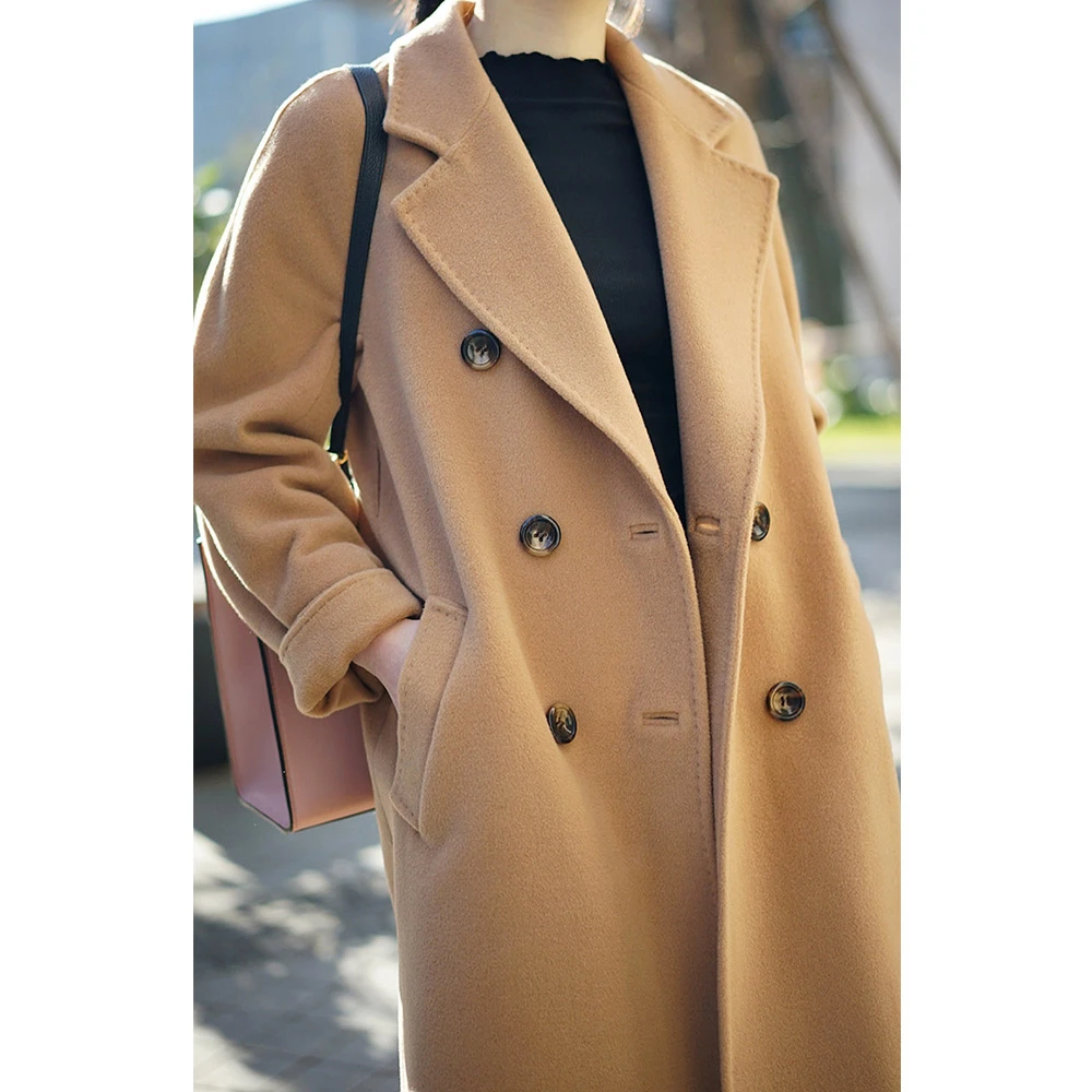 

Winter coat solid color wool long coat women's double-breasted lapel long coat winter clothing fashion casual 3XL