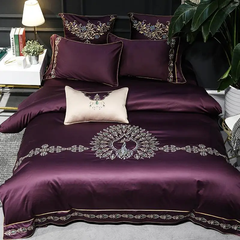 

42 4/7pcs Purple Egyptian cotton satin Bedding Set queen king size bed set Bedsheets linen Europe embroidery Duvet cover set