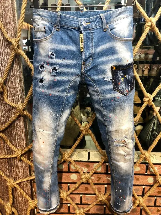

Джинсовые брюки, дизайнерские крутые джинсы, мужские облегающие джинсы, джинсовые брюки с синими дырками, джинсы для мужчин A226