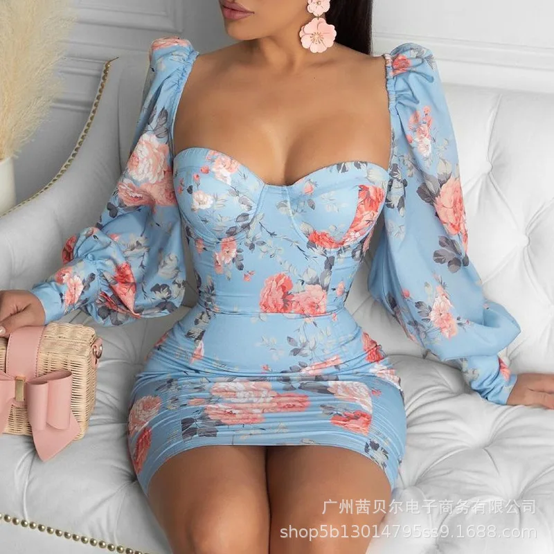 

New Womens Clothing Sky Blue Flowers Print Long Sleeve Slim Package Hips Dresses for Women Mini Party Dress Woman Donsignet