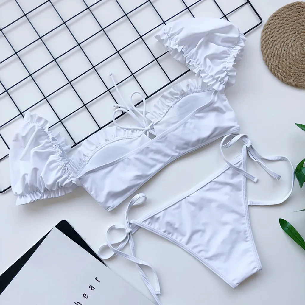 

Fashion Women's Solid Bikini Set Low Waist Push Up Padded Swimsuit Two Pieces Lace Up Bra Swimwear Beachwear