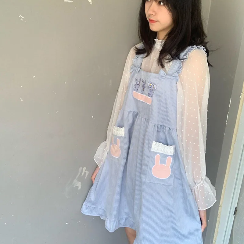 

Japanese Mori Girl Lolita Kawaii Corduroy Dress Bunny Pink Overalls Teens Girl Vintage Harajuku Cute Rabbit Bow-Knot Strap Dress