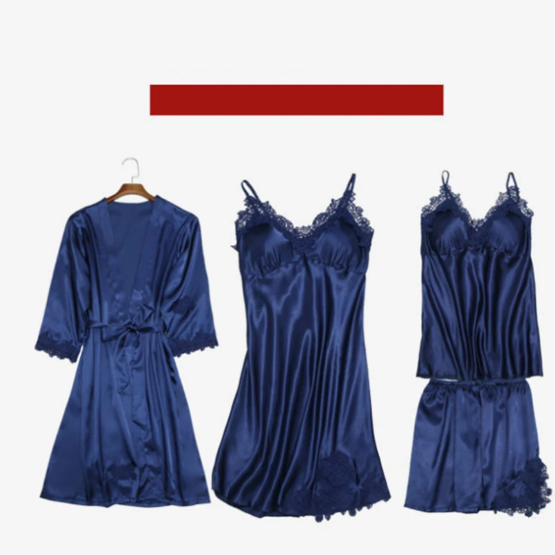 Женская пижама комплект из 4 предметов халат и платье кружевной шелковая