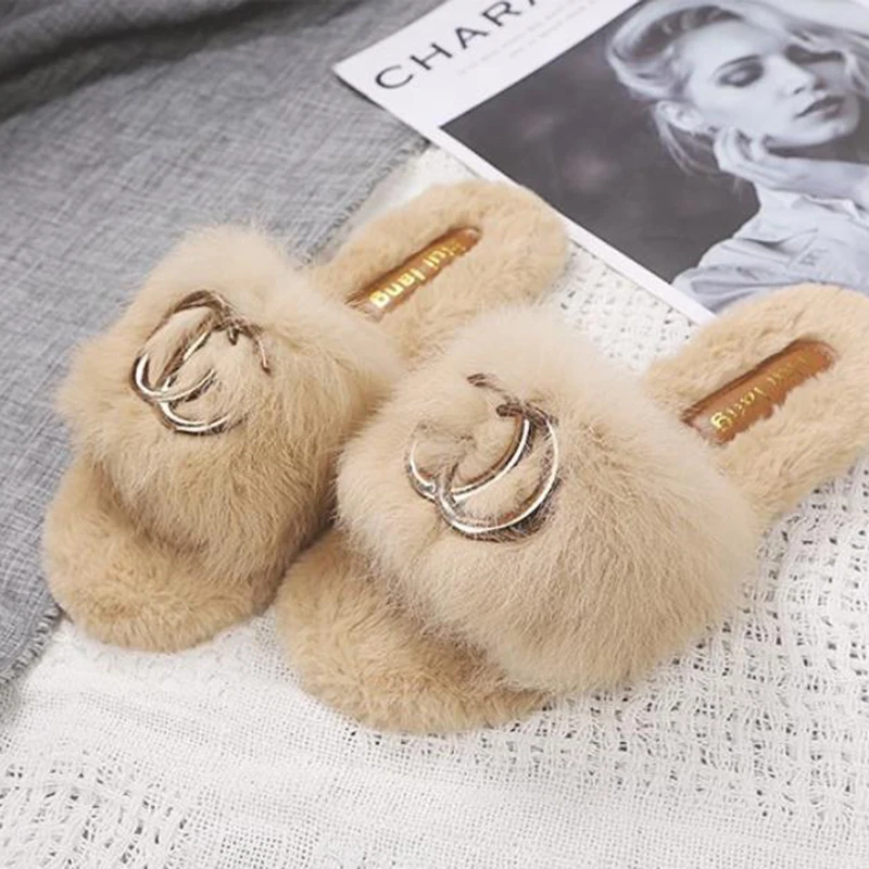 Элегантные меховые тапочки с кроличьим мехом Сезон осень Женские повседневные