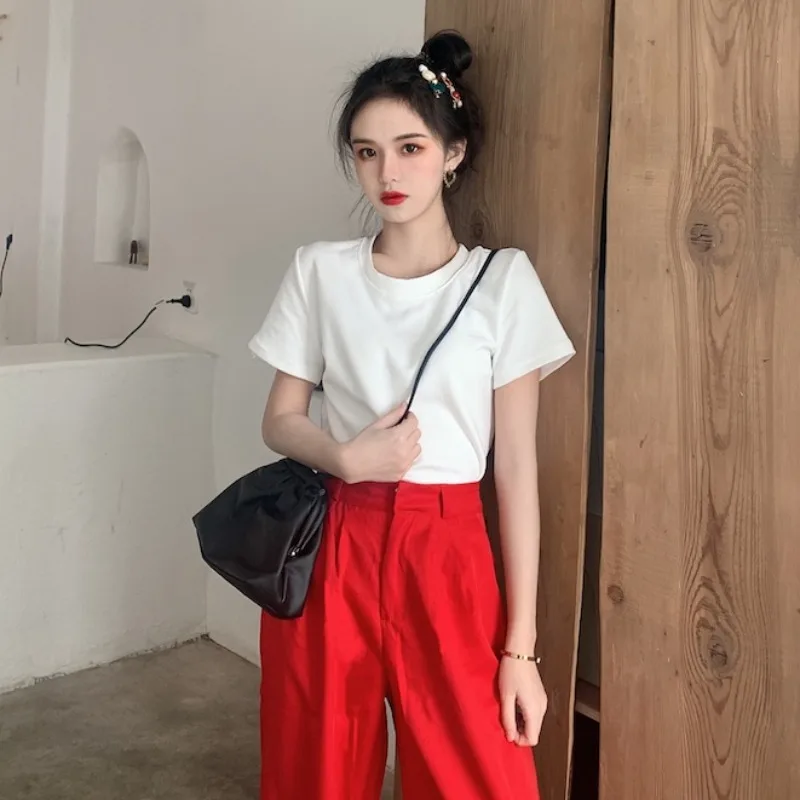 Базовый однотонный облегающий пуловер с круглым вырезом футболка коротким