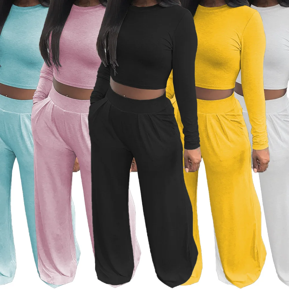 

RStylish Fall 2021 Women Clothes Solid Color Long Sleeve Crop Top T-Shirt Loose Wide Leg Pants Two Piece Set