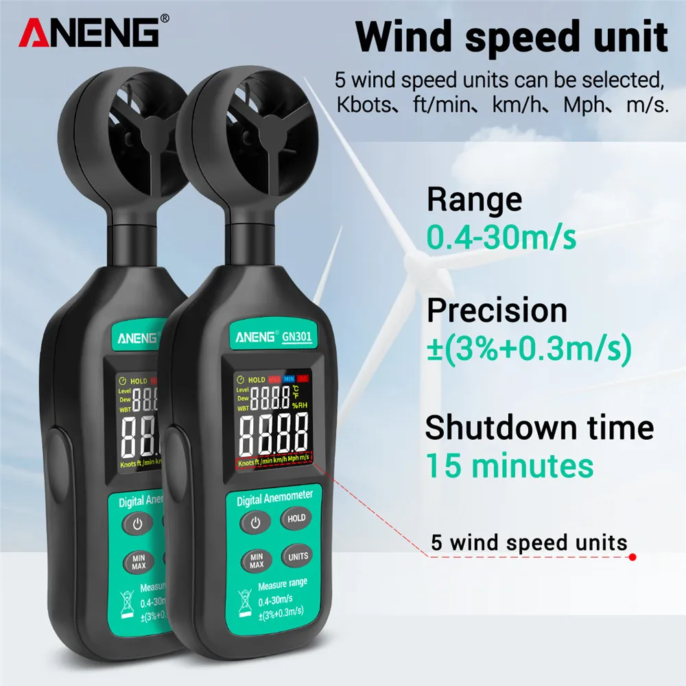 Digital Anemometer 0-30m/s Wind Speed Meter ANENG GN301 -10 ~ 45C Temperature Tester Anemometro with LCD Backlight Display | Инструменты
