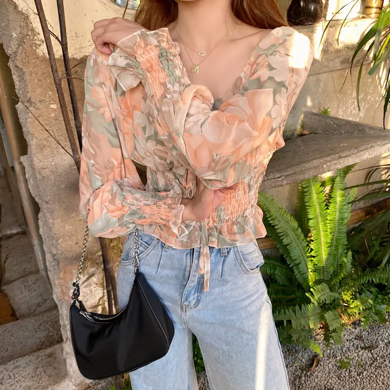 

Sweet Chiffon High Waist Chic Thin 2020 Women Slim Blouses Florals Printed Streetwear Stylish Vintage Retro Shirts