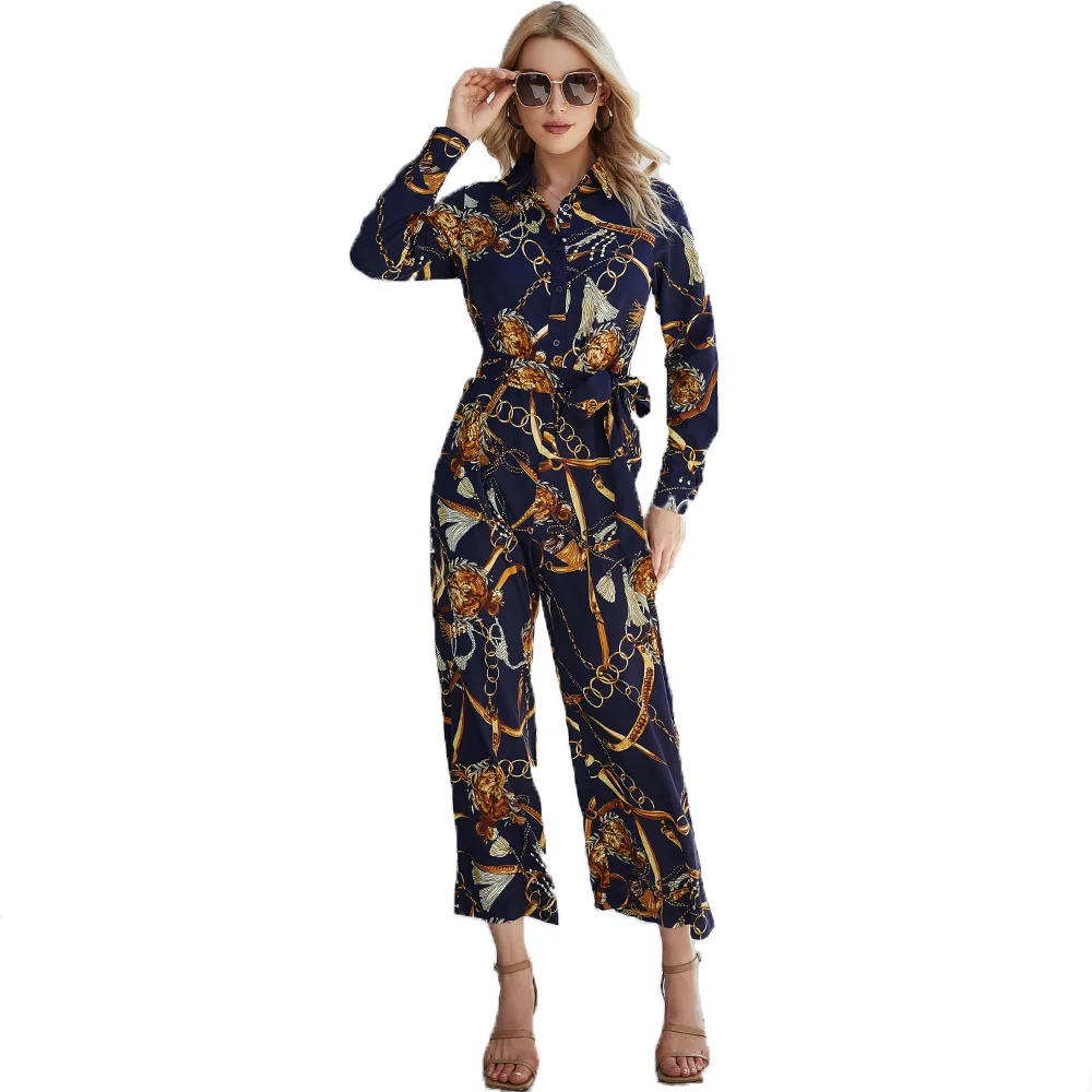 

Autumn Turndown Collar Casual Jumpsuit Women 2020 Female Long Sleeve Lace Up Print Jumpsuits Womens Fashion Rompers Overalls