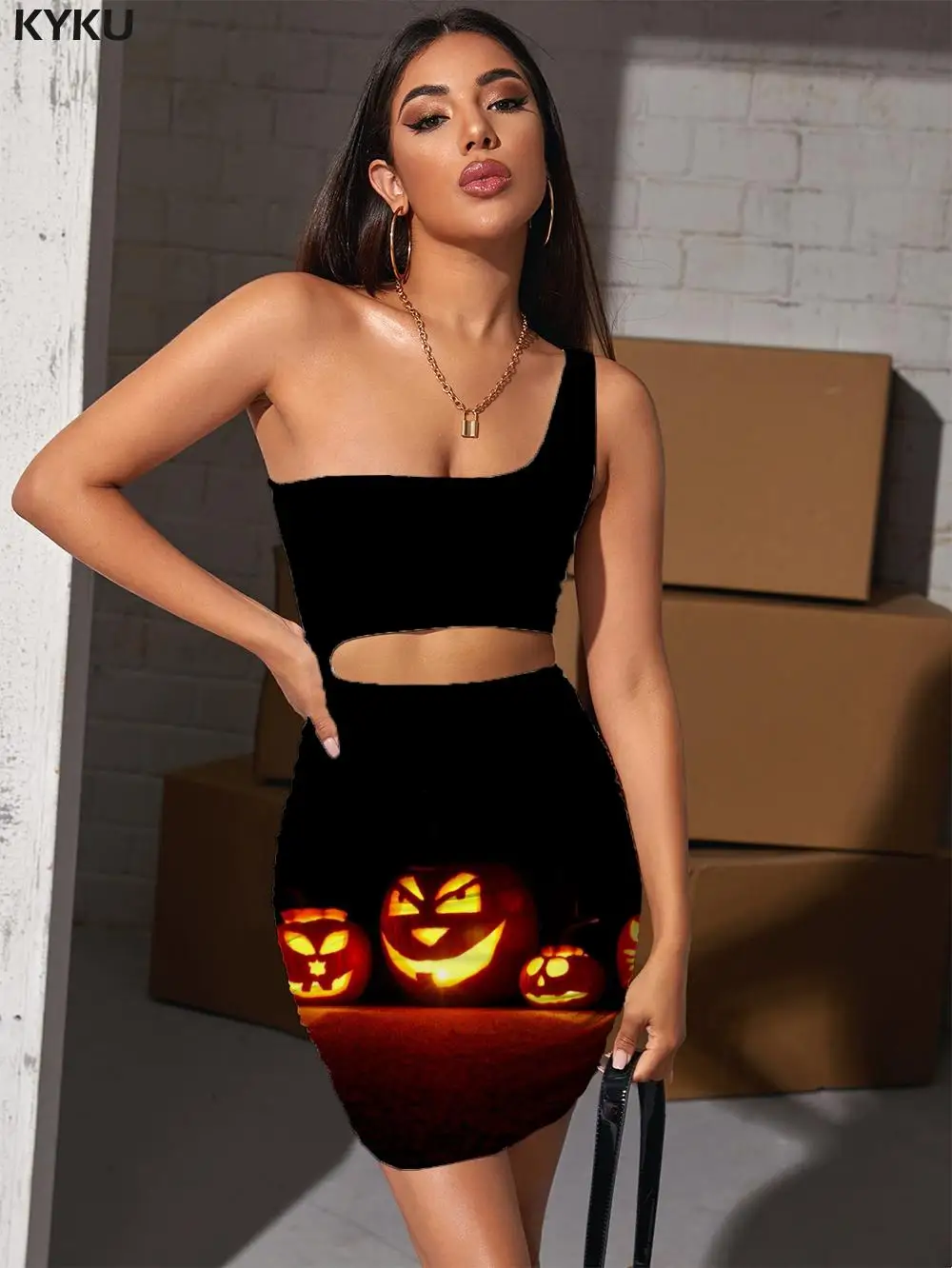 

KYKU Halloween Dresses Women Pumpkin 3d Print Party Halter Sleeveless Cosplay Hollow out Dresses Womens Clothing Party Beach
