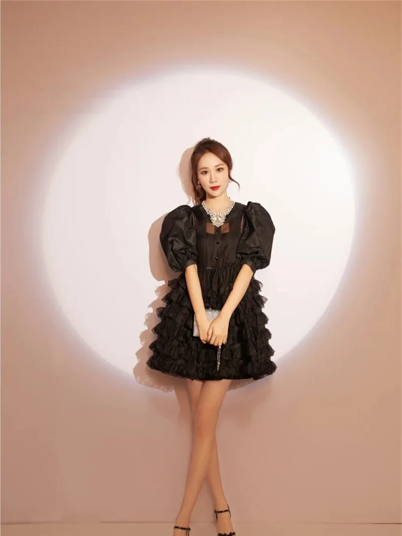

2021 spring new French diamond baby collar bubble sleeve dress Fairy Show thin cake skirt