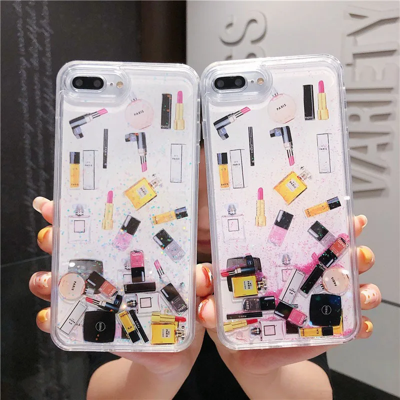 Make-up Glitter Cases For iPhone 6 6S 7 8 Plus X XS Max Case Dynamic Liquid Sand Silicone Lipstick Perfume Bottle Cover Fundas |
