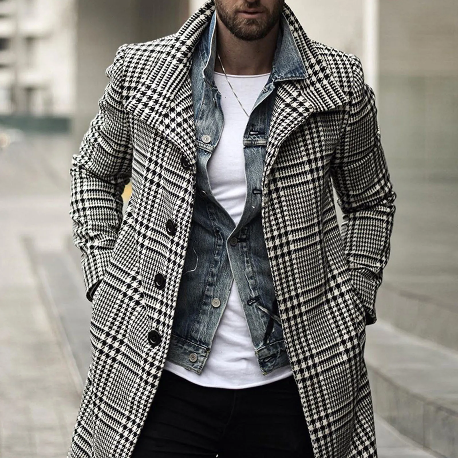 

Men Plaid Print Coats Casual Length Cardigan Plover Case Print Wool Long Sleeve Turn-down Collar Winter Temparament Trench Coat
