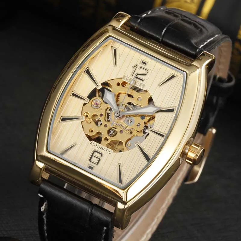 

2020 Men Luxury Gold Skeleton Watches Fashion Tonneau Dial Automatic Mechanical Wristwatches Goer Reloj Hombre Relogio Masculino