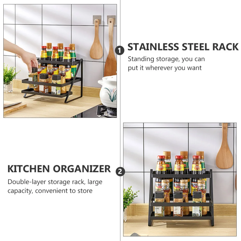 

1pc Stainless Steel Kitchen Spice Rack Countertop Organizer Storage Rack (Black)