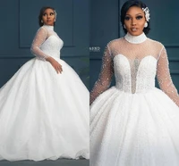 2022 arabic dubai luxury sequin bridal wedding dresses pearls illusion high neck african bride gowns new robe de mariee