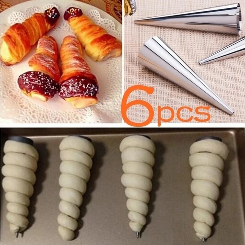 

6pcs Cone Shape Spiral Croissant Denmark Spiral Baking Roll Bread Making Tool stainless steel material