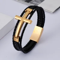 jewels store triple layered cowhide leather bracelet men stainless steel gold 22cm cross charm armband male fashion jewelry