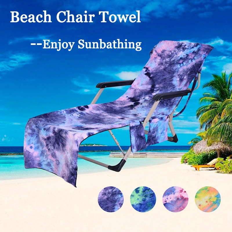 

Beach Chair Towel Microfiber Chaise Lounge Tie-Dye Cover with Side Pockets Easy To Carry No Sliding Pool Chair Sunbathing Towel
