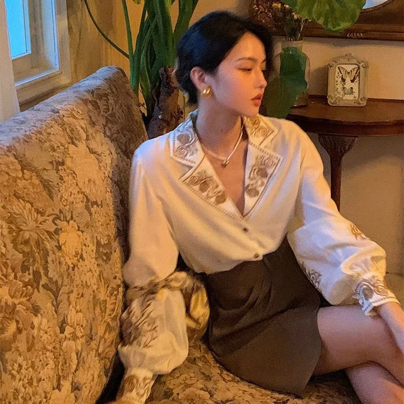 

Casual Designer French Korean Women Blouses Fashion 2021 Elegant Blouse Women Autumn Floral long sleeve Top Female Office Lady