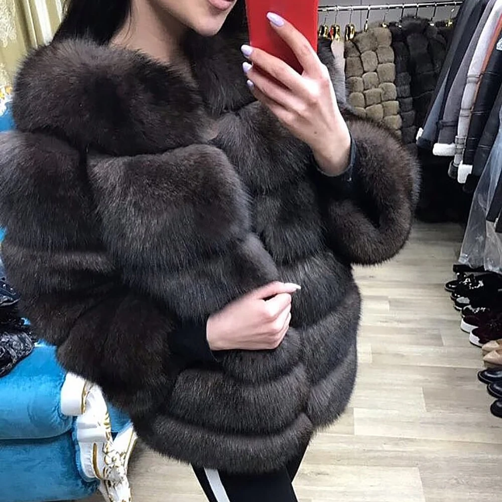 Женское новое пальто из натурального Лисьего меха Женское зимнее плотное пальто из настоящего меха лисица Меховая куртка Верхняя одежда женские со стоячим воротником жакет из меха