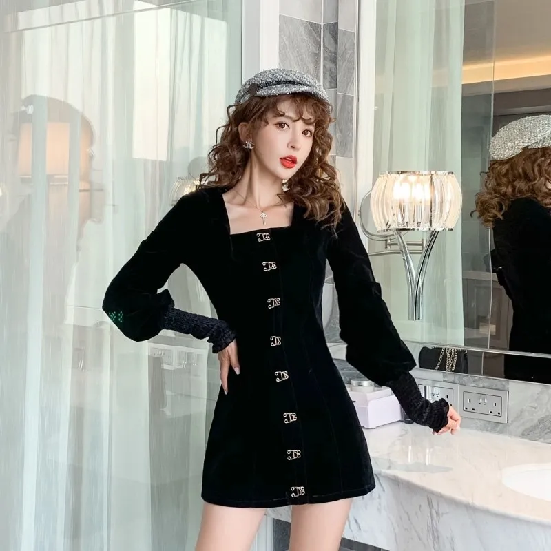 

Dress Women Fashion New Slim Black Autumn Party Vestido Casual 2021 Gothic Clothes Lantern Sleeve Botton Strap Mini A-line Dress