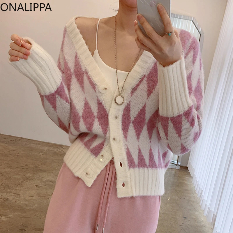 

ONALIPPA Vintage Cardigan Women Korean Ins All-match V-neck Rhombus Hit Color Single-breasted Loose Long-sleeved Knitted Sweater