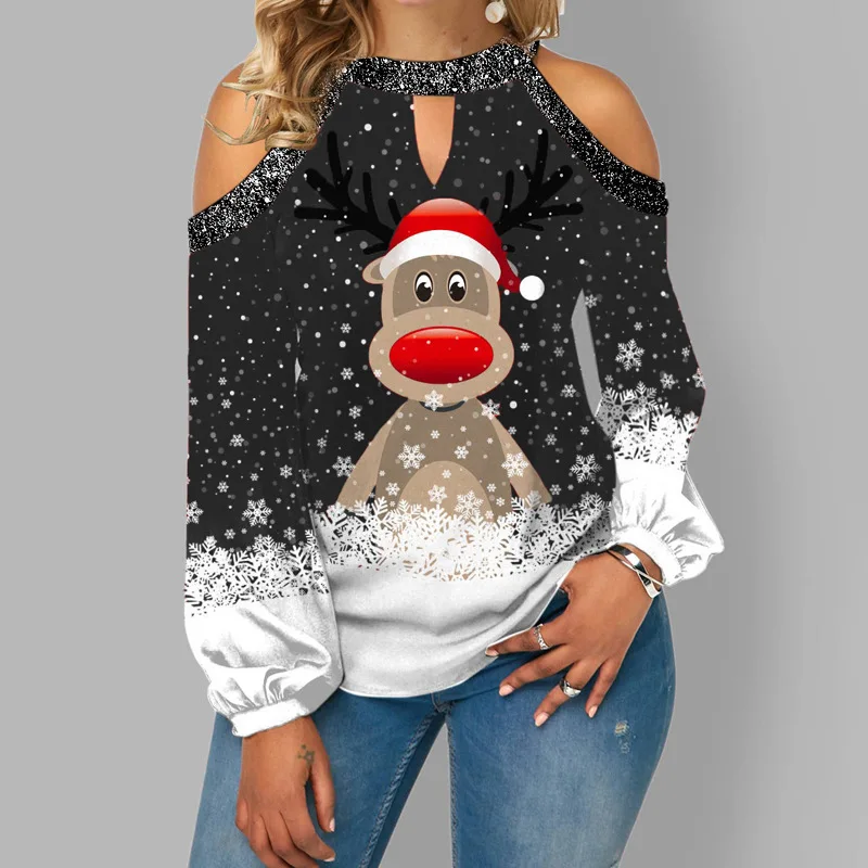 

2021 Christmas Print T Shirt Festival Elk Pattern Off Shoulder Tops Long Sleeve Puff Sleeve Winter T-Shirt Streetwear Pullover