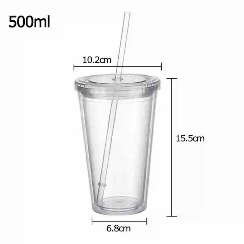 

1Pc 500ml Double-walled Ice Cold Drink Coffee Tea Cup Iced Mug P1Q6 Reusable Smoothie Travel Plastic Straw With N8O6