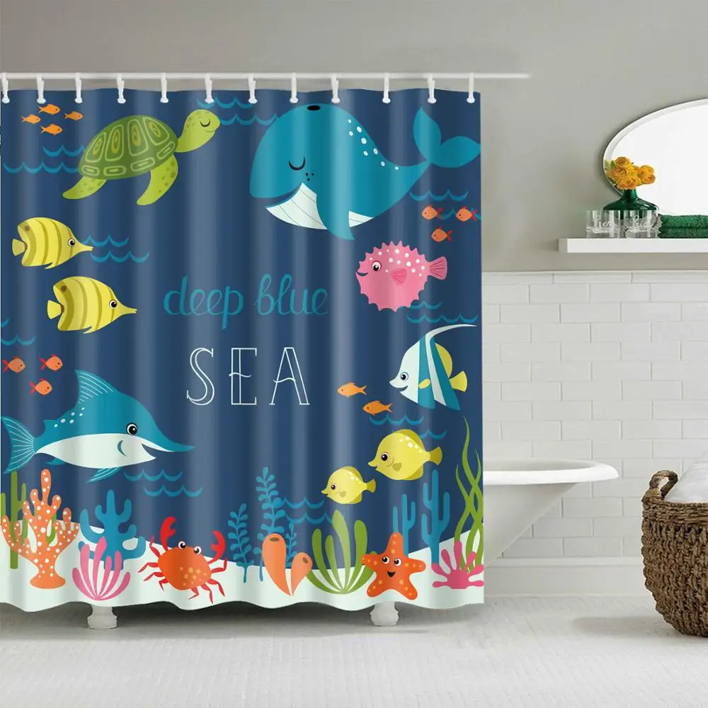 

Animal Shower Curtain Cartoon Underwater World Fashion Bath Accessories with Hooks Waterproof Polyester Fabric Bathroom Decor