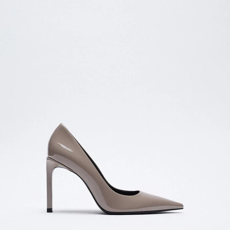 

Новинка 2021, женские туфли из лакированной кожи серого и коричневого цвета, элегантные туфли с острым носком на высоком и тонком каблуке, про...