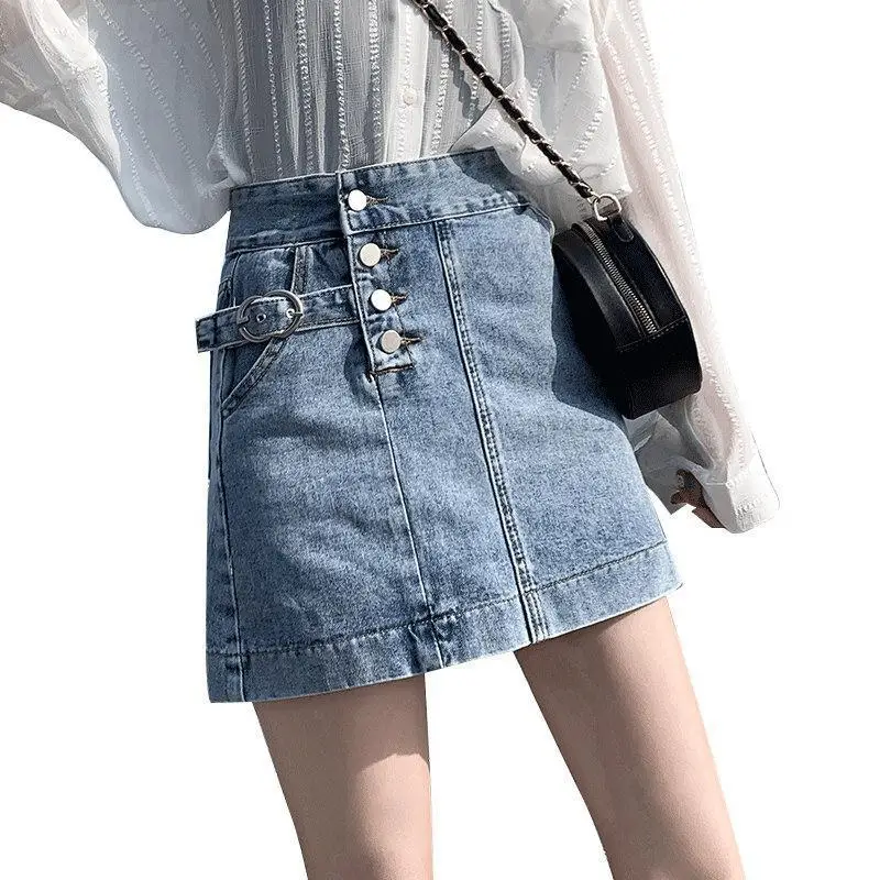 

Denim skirt women 2021 summer new Korean version all over high waist denim skirt A-shaped bag hip show thin harbor style