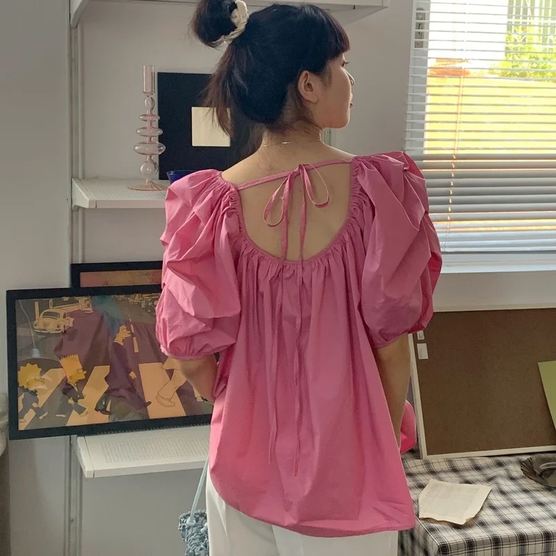 

2021 Korean Version of Sweet Ruffled Women's T-shirts Ladies Retro Puff Sleeve Cute Ladies Tops and Blouses Loose Summer Tops