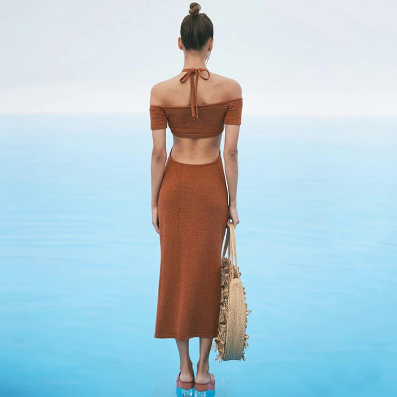 

2021 summer new women's dress with lace halter neck fashion one-shoulder sexy hollowed out slim dress, summer women's dress