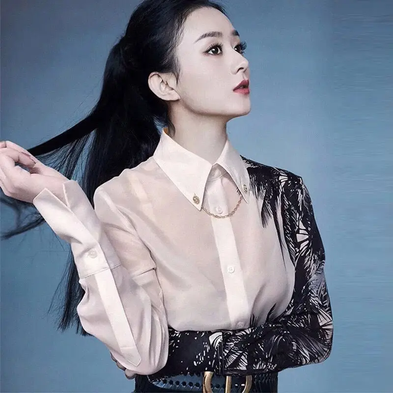 

Women'S Spring Autumn Style Blouses Shirt Elegant Turn-Down Collar Printed Long Sleeve Button Korean Loose Tops DF3894