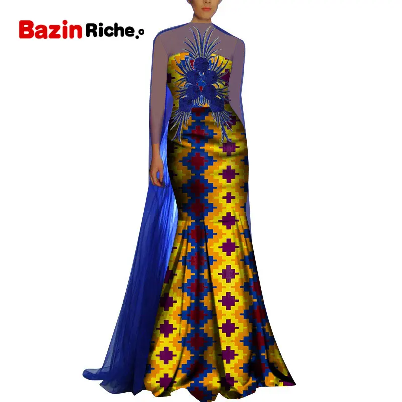 African Dresses for Women Party Wedding Fashion Blue Chiffon Patchwork With Appliques WY8711