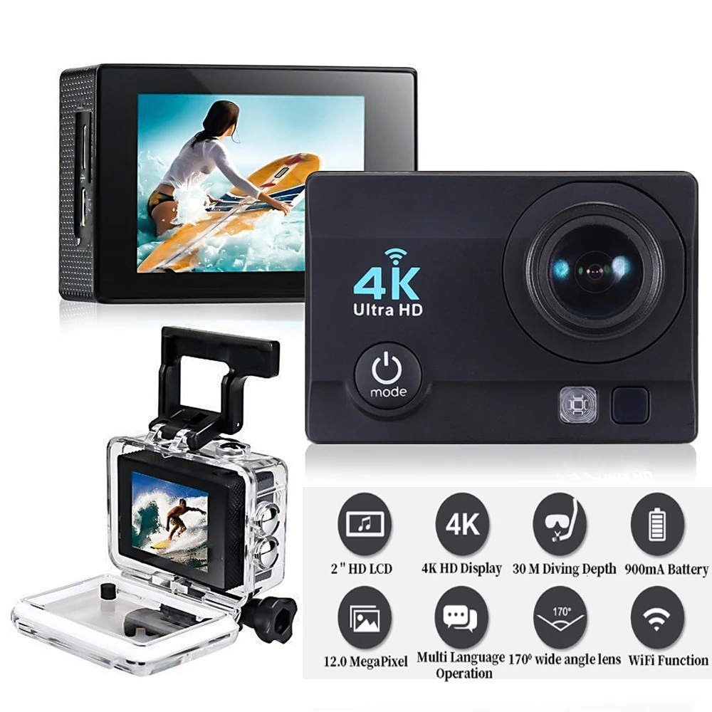 

Экшн-камера Ultra HD 4K/30fps, 16 МП, 170D, Wi-Fi, 30 м