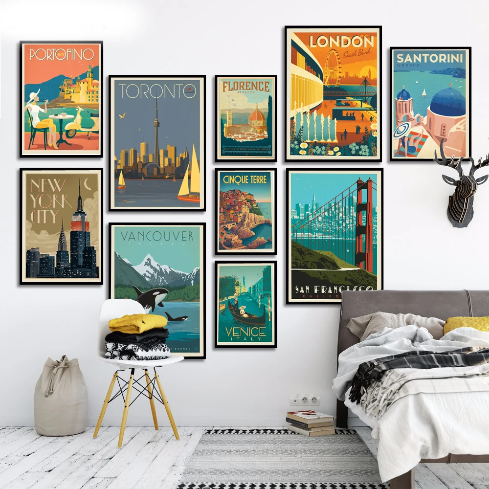 

Famous City Travel London New York Venice Poster Canvas Painting Wall art Posters and Prints Wall Pictures For Living Room Decor