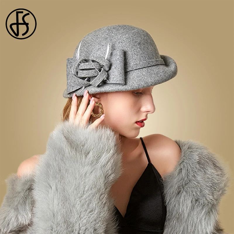 Женская шерстяная шляпка-федора FS черная или красная шляпка с вуалью цветочным