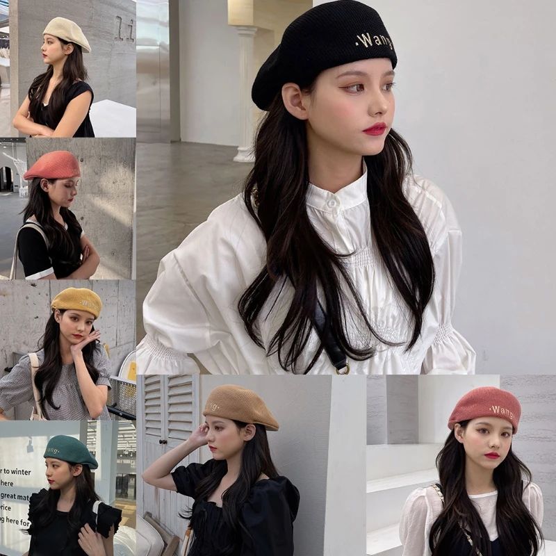 

Женский весенний берет в стиле корейского стиля винтаж с вышивкой в виде плоских букв однотонный открытый солнцезащитный Повседневный коз...