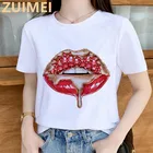 Модный Топ в стиле Харадзюку с принтом красных губ для макияжа, женская футболка, Повседневная Женская Базовая футболка с круглым вырезом и коротким рукавом для девушек, Прямая поставка