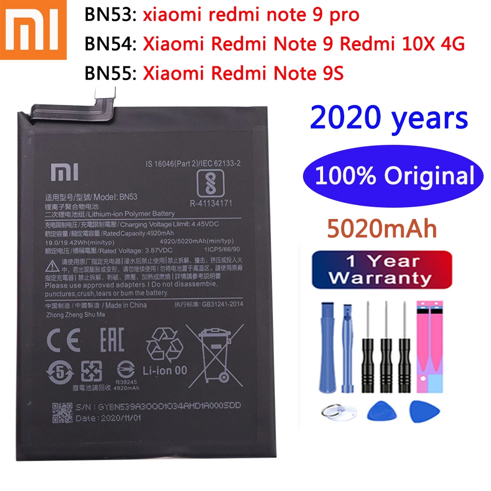 100% Оригинальный 5020mAh BN53 BN54 BN55 Сменный аккумулятор для Xiaomi Redmi note 9 Pro 9Pro 9S мобильный