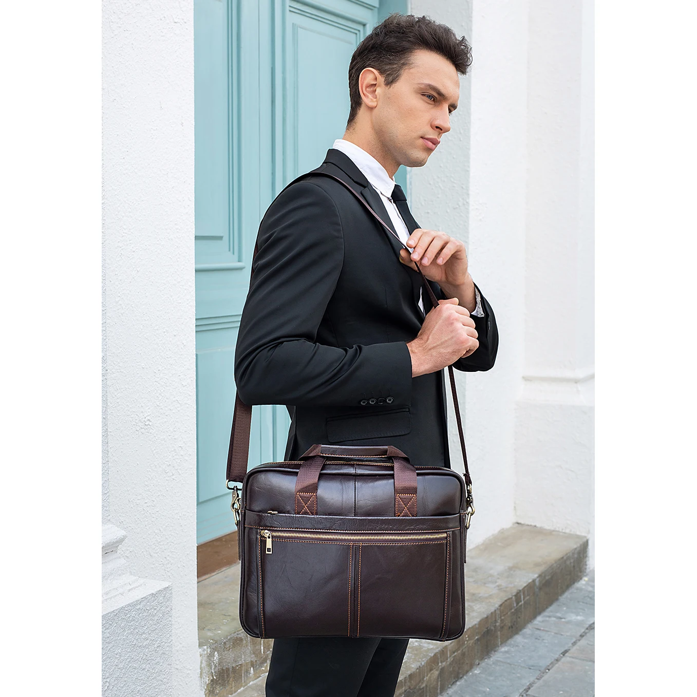 Genuine Leather Briefcase for Men Bag Tote Laptop 14 Inch Shoulder Handbag Documents A4 Business Office Male Big Organizer Large