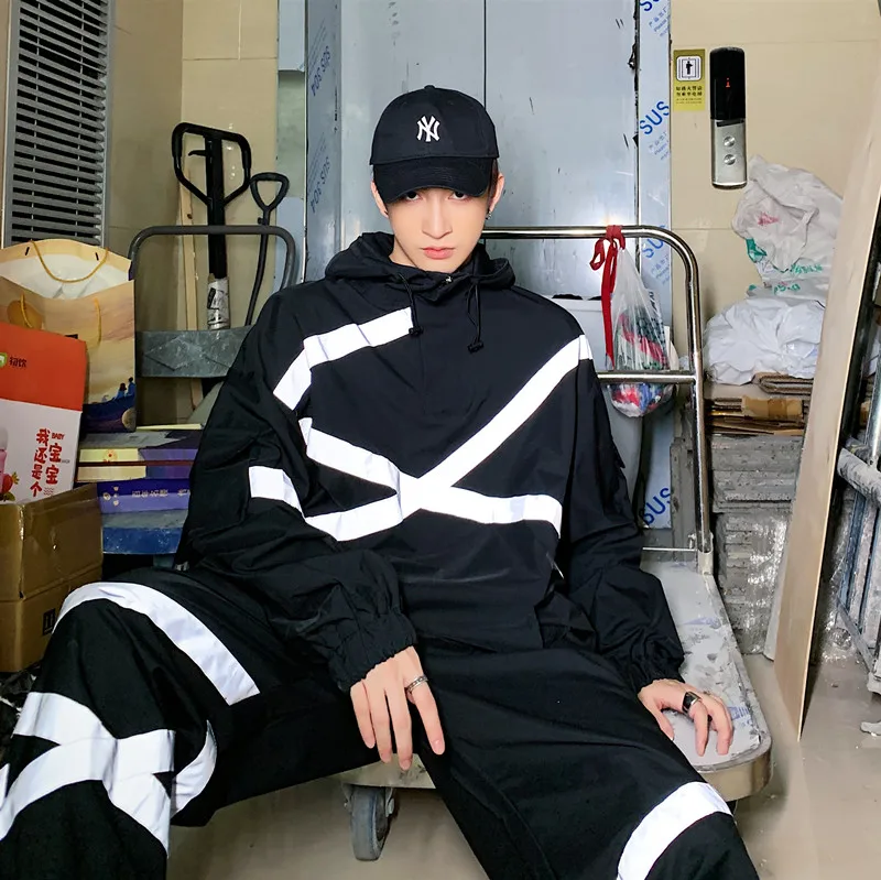 

Men 2PCS Sets (jacket+pant) Male Reflective Stripe Hooded Pullover Jacket Outerwear Streetwear Hip Hop Harem Trouser Track Suit