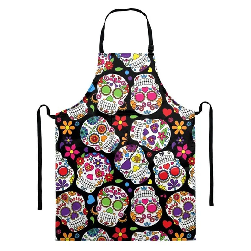 

Cooking Kitchen Aprons For Women Men Vintage Sugar Skull Print Chef Waiter Cafe Shop BBQ Bibs Half Apron With Pocket Keep Clean