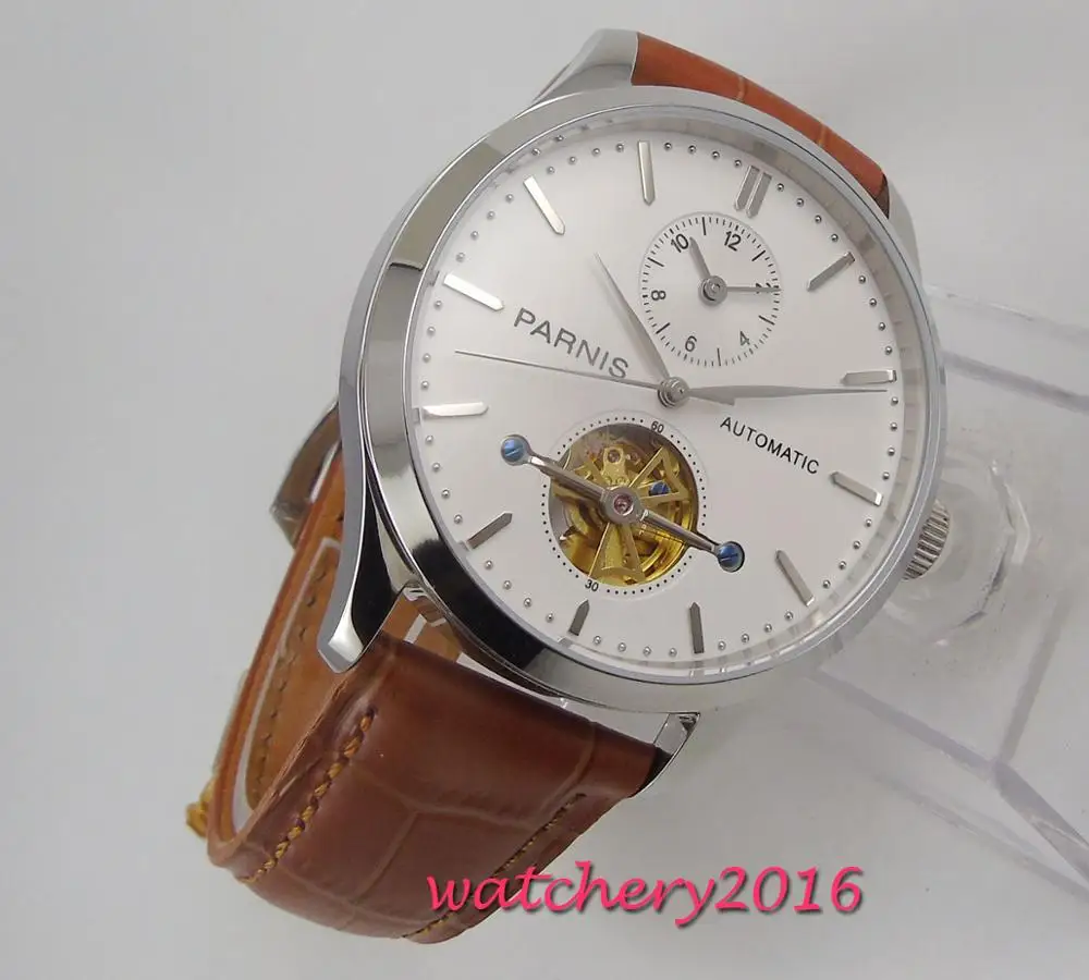Мужские наручные часы PARNIS GMT с белым циферблатом и кожаным ремешком 43 мм|Мужские